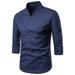 iOPQO mens dress shirts Men s Retro casual fashion solid color linen slim middle sleeve T-shirt dress shirts for men Navy + 4XL