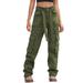 JDEFEG Petite Pants for Women Work Casual Women Vintage Cargo Pants Baggy Jeans Fashion 90S Streetwear Pockets Wide Leg High Waist Straight Trousers Overalls Womens Cotton Casual Pants Green S