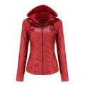 Women s Removable Hooded Faux Leather Jacket Moto Biker Coat XS-7XL