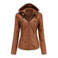 Women s Removable Hooded Faux Leather Jacket Moto Biker Coat XS-7XL