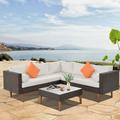 Churanty 4 Pieces Outdoor PE Wicker Sofa Set with Coffee Table L-Shape Patio Sofa Set with Colorful Pillows and Solid Wood Legs All Weather Rattan Waterproof Conversation Seat (Brown+Beige)