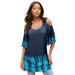 Plus Size Women's Cold-Shoulder Ultra Femme Tunic by Roaman's in Navy Tie Dye Border (Size 12) Long Shirt