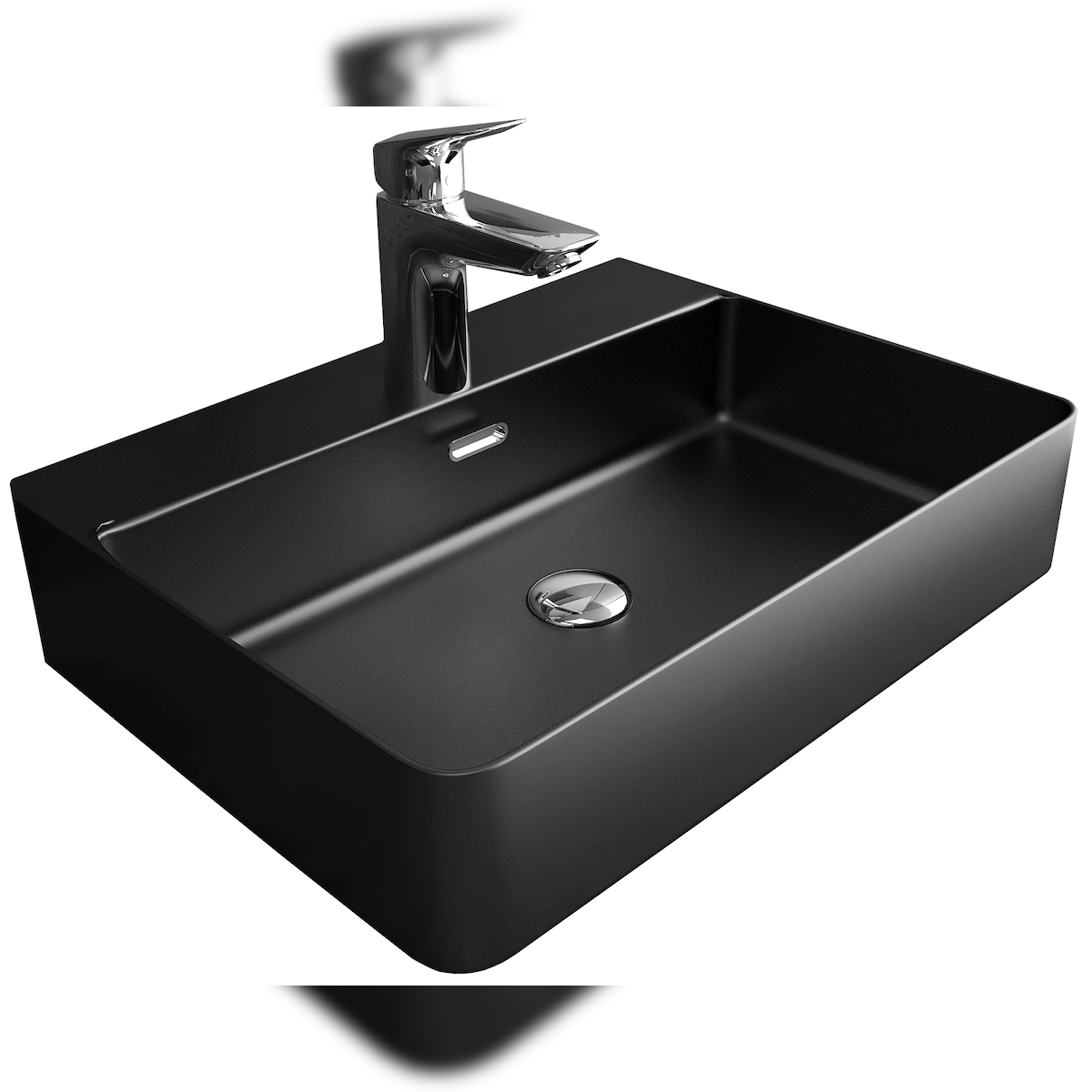 Alpenberger Waschbecken 60 cm mit Nano | Aufsatzwaschbecken Schwarz Matt Badezimmer Gäste-WC | Keramik Waschbecken mit Überlauf & Hahnloch Waschtisch