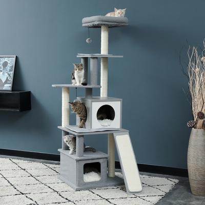 Wooden Cat Tree Condo with Sisal Scratching Post and Dangling Toy Grey