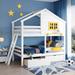 Wooden Twin Over Twin House Bunk Bed with 2 Drawers, 1 Storage Box, 1 Shelf, Window & Roof