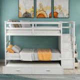 Solid Wood Bunk Bed with Storage Drawers for Kids, Twin Over Twin Bunk Bed Frame with Trundle and Staircase, Space-Saving Design