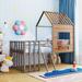 Twin Size Metal Loft Bed with Roof, Window, Steel Bedframe with Guardrail and Ladder for Kids Bedroom, House-Shaped Design