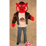 Red Angry Hog Plush SPOTSOUND Mascot Dressed In A Leather Jacket With A Logo - Mascots not classified