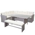 Mendler Poly-Rattan-Garnitur HWC-A29, Gartengarnitur Sitzgruppe Lounge-Esstisch-Set Sofa ~ hellgrau, Kissen creme + Bank