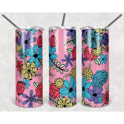 Vintage Retro Look Flowers on Pink 20 Oz Skinny Metal Tumbler w/Lid and Straw - Multi