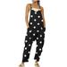 JWZUY Womens Feather Print Sleeveless Jumpsuits Adjustable Spaghetti Strap Long Pant Rompers with Pockets Black XXL