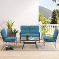 SUNCROWN 4-Piece Outdoor Patio Conversation Set Metal Chairs and Table Set with Loveseat Blue