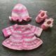 Hand Knitted Baby Girls Cardigan, Ruffle Hat & Boots Set - in Pink/White Sparkle To Fit 0-3 Months Gift, Handmade, Present