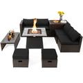 Topbuy 9 Pieces Outdoor Patio Furniture Set with 35-Inch Propane Fire Pit Table PE Wicker Sectional Sofa Set with Storage Box and Cushions Black