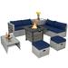 Topbuy 9 Pieces Outdoor Patio Furniture Set with 32-Inch Propane Fire Pit Table PE Wicker Sectional Sofa Set with Storage Box and Cushions Navy