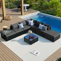 Highsound 8 Pieces Patio Furniture Set with Coffee Table Ottomans Wicker Sofas & Removable Cushions Outdoor Sectional Sofas Patio Conversation Sets for Lawn Garden Backyard Black