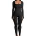 Sayhi Jumpsuits For Women Solid Long Sleeve Jumpsuit Rompers Loose Stretchy Casual Summer Dressy Bodysuit Black S