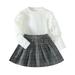 ZMHEGW Toddler Outfits For Girl Kids Baby Puff Sleeve Long Sleeve T Shirt Tops Button Woolen Plaid Skirts 2Pcs Princess Clothes Set