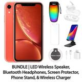 Restored Apple iPhone XR 128GB Coral Fully Unlocked with LED Wireless Speaker Bluetooth Headphones Screen Protector Wireless Charger & Phone Stand (Refurbished)