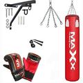 MAXX Punch Bag Boxing Set BLACK 3ft 4ft 5ft Heavy Filled Punchbag Gloves Bracket Red White (6pc set with Bracket, 3 FT)