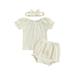 xingqing Newborn Infant Baby Girls Outfits Set 3Pcs Puff Sleeve Top Blouse Shirt Bloomer Shorts Summer Clothes with Headband Apricot