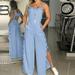 Sayhi Jumpsuits For Women Loose Button Rompers Stretchy Casual Solid Jumpsuit Dressy Summer Bodysuit Blue M