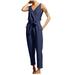 V Neck Sleeveless Jumpsuit for Women Solid Cotton Linen Lace up Waist Business Overall Summer Casual Romper Tapered Pant(S Navy)