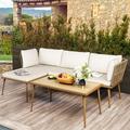 Dextrus 3 Pieces Patio Furniture Set Outdoor Rattan Woven Conversation Sectional L-Shaped Sofa with 5 Seater for Backyard Porch Boho Detachable Lounger with Cushions and Side Table - Beige