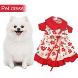 Waroomhouse Sweet Chihuahua Dog Dress with Hairclip Red Doll Collar Floral Print Ruffled Hem Summer Pet Bowknot Wedding Dress for Small Medium Doggie Cat Girl