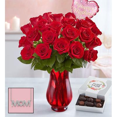 1-800-Flowers Flower Delivery Two Dozen Red Roses For Mother's Day W/ Red Vase, Necklace & Chocolate