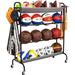 Sttoraboks Basketball Rack, Garage Ball Storage Stand Ball Rack Rolling Balls Organizer with Baseball Bat Holder & Hooks