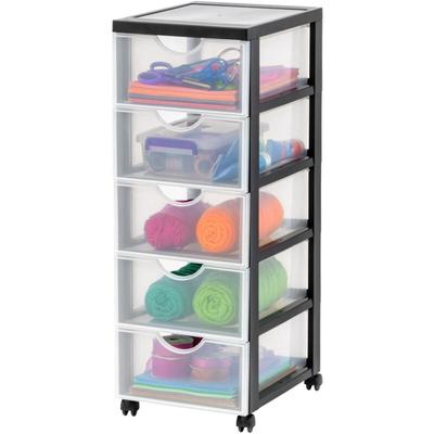 Kunststoff-Schubladenbox mit Rollen, 5 tiefen Schubladen, Schwarz, Griffe zum Ziehen, Für Image
