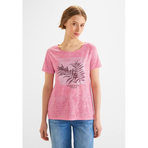 T-Shirt STREET ONE Gr. 44, lila (strong berry shake) Damen Shirts Jersey mit Burnout-Optik