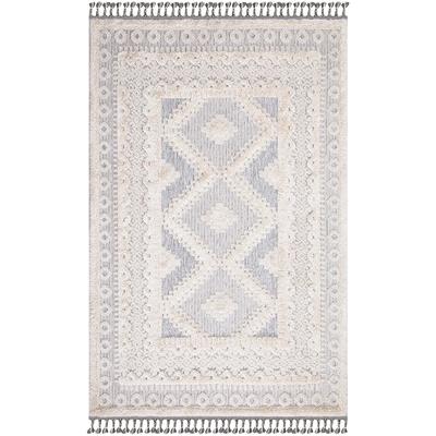 Tapis bohème chic à franges tressées crème et gris 200x290cm