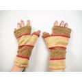 Fleece Lined Knitted Wool Wrist Warmers Unisex Mitts Boho Fingerless Gloves Cream & Pink Striped Hippie Handwarmers