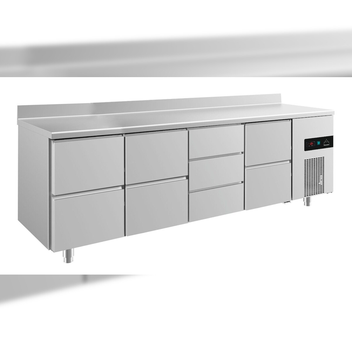 Gastro Kühltisch je 2 Schubladen links&mittig&rechts 3 Schubladen mittig Umluftkühlung Aufkantung, 2330x700x850mm -2/+8°C Image