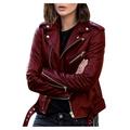 Dezsed Women s Faux Leather Belted Motorcycle Jacket Clearance Women Cool Faux Leather Jacket Long Sleeve Zipper Fitted Coat Fall Short Jacket Wine XXXL