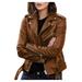 Clearance Women s Cropped Faux Leather Motorcycle Jacket With Belted Zip Up Jacket Casual Lightweight Slim Leather Coats