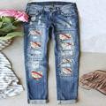 B91xZ Summer Pants Women Womens Baseball Print Distressed Mid Rise Straight Jeans Jeans For Women Blue Size S