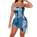 SEMIMAY Women s Slit Tube Top Imitation Denim Print Dress Shirring Tie Irregular Dress