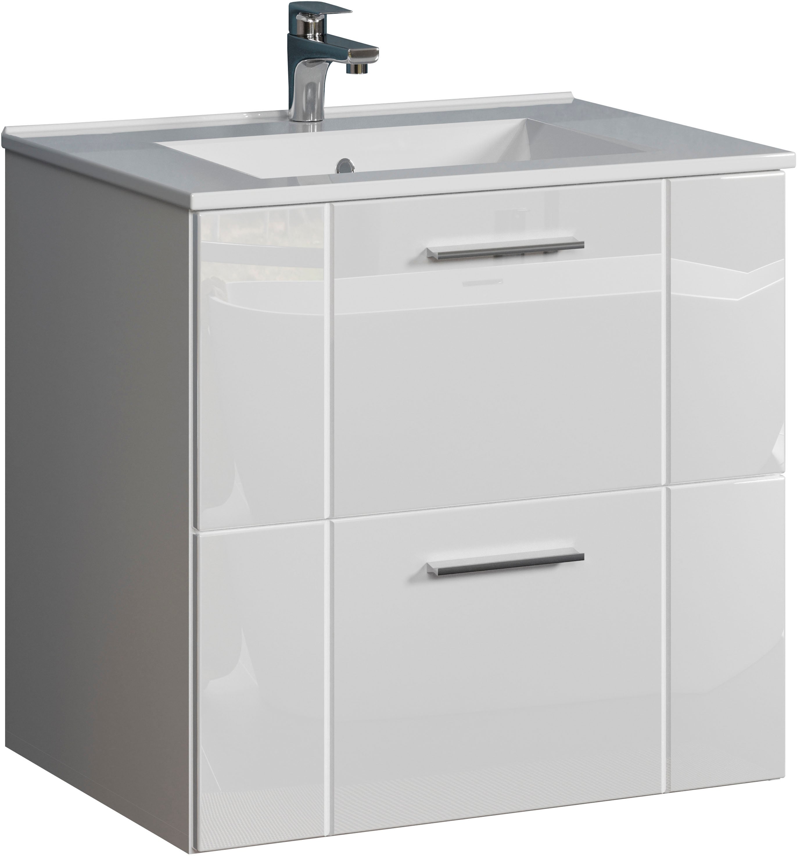 Waschtisch WELLTIME "Prag", weiß (koprpus: weiß melamin, front: weiß hochglanz lack, weiß melamin), B:60cm H:59cm T:46cm, Waschtische, Badmöbel inkl. Waschbecken, Breite 60cm