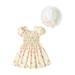Toddler Girl Summer A-line Dresses Short Puff Sleeve Floral Print Casual Dresses with Sun Hat 2Pcs