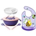 Chok Pink Baby Plates Bowls with Lids - Silicone Mini Mat - Suction Placemat Bowl with Spoon Fork for Self Feeding - Purple Baby Bib