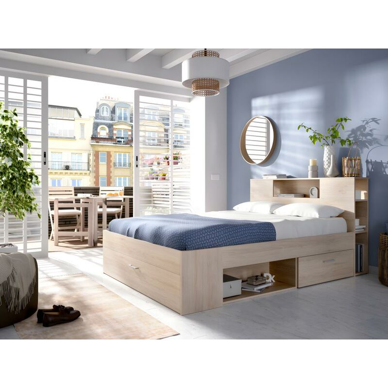 Bett mit Stauraum & Schubladen – 160 x 200 cm – Naturfarben – leandre – Naturfarben hell