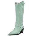 Aachcol Women Western Cowboy Boots Mid Calf Pull-Up Pointed Toe Chunky Block Mid Heel Dress Shoes Suede Zipper Turquoise Green 6.5 CM 7.5 UK