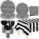 ADXCO 176 Pieces Black and White Disposable Dinnerware Set Paper Party Supplies Tableware Set Include Striped Plates and Napkins Cups Plastic Tablecloth Knives Forks and Spoons Serves 25 Guests