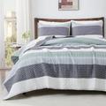 Andency Stripe Quilt Set King(106x96Inch), 3 Pieces (1 Striped Quilt and 2 Pillowcases) Mint Green Patchwork Bedspread Coverlet, Soft Lightweight Microfiber Quilted Bedding Set