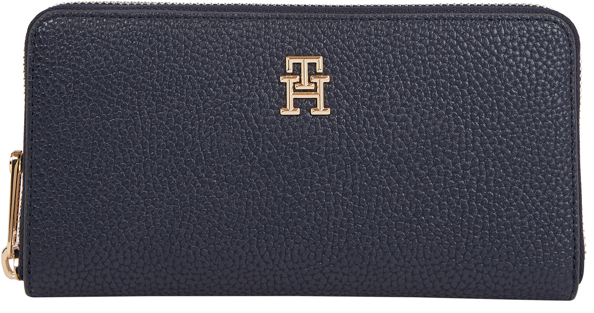 Geldbörse TOMMY HILFIGER "TH EMBLEM LARGE ZA", Damen, blau (dw6 space blau), Polyurethan, Strukturmuster, unifarben, Kleinlederwaren, mit TH-Emblem vorne