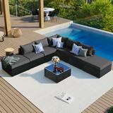 Dawn Whisper 8-Pieces Outdoor Patio Furniture Sets Garden Conversation Wicker Sofa Set Single Sofa Combinable Gray Cushions Black Wicker