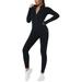 Womens Jumpsuits Summer Custom Sports Lady Turtle Neck Solid Color Bodysuit Bodycon Long Sleeve Half Zip Up Romper Black L